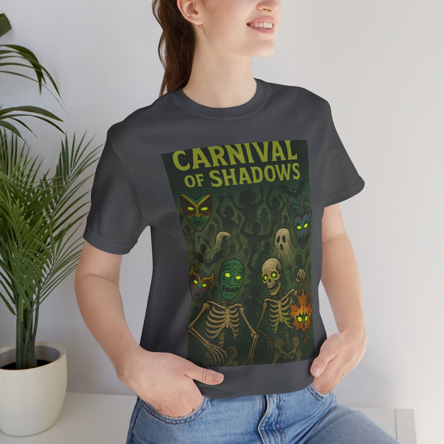 Carnival of Shadows Graphic Tee, Spooky Halloween Shirt, Unisex T-Shirt, Fun Autumn Wear, Perfect for Parties, Horror Lovers Clothing