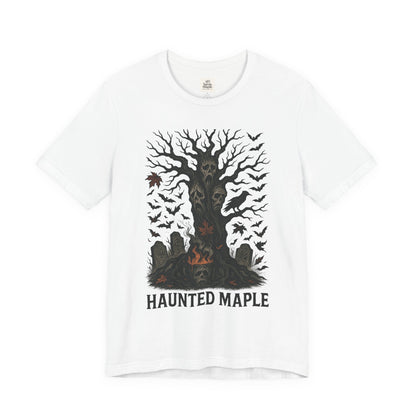 Haunted Maple Tee - Unisex Jersey Short Sleeve T-Shirt for Fall, Halloween, Spooky Vibe, Ghost Lovers, Unique Gift