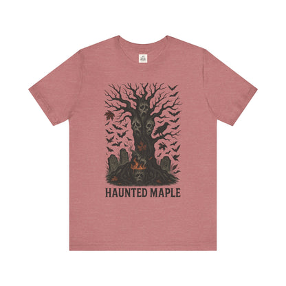 Haunted Maple Tee - Unisex Jersey Short Sleeve T-Shirt for Fall, Halloween, Spooky Vibe, Ghost Lovers, Unique Gift