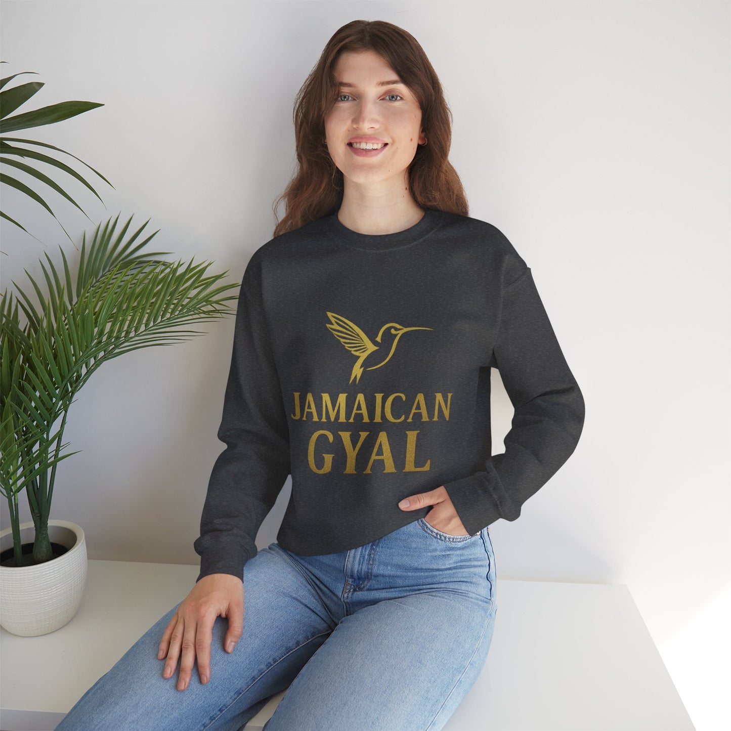 Jamaican Gyal Crewneck Sweatshirt — Gold Hummingbird Graphic