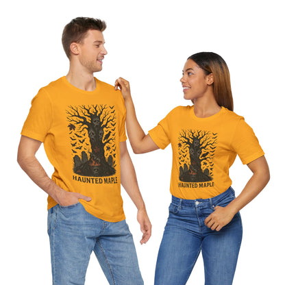 Haunted Maple Tee - Unisex Jersey Short Sleeve T-Shirt for Fall, Halloween, Spooky Vibe, Ghost Lovers, Unique Gift