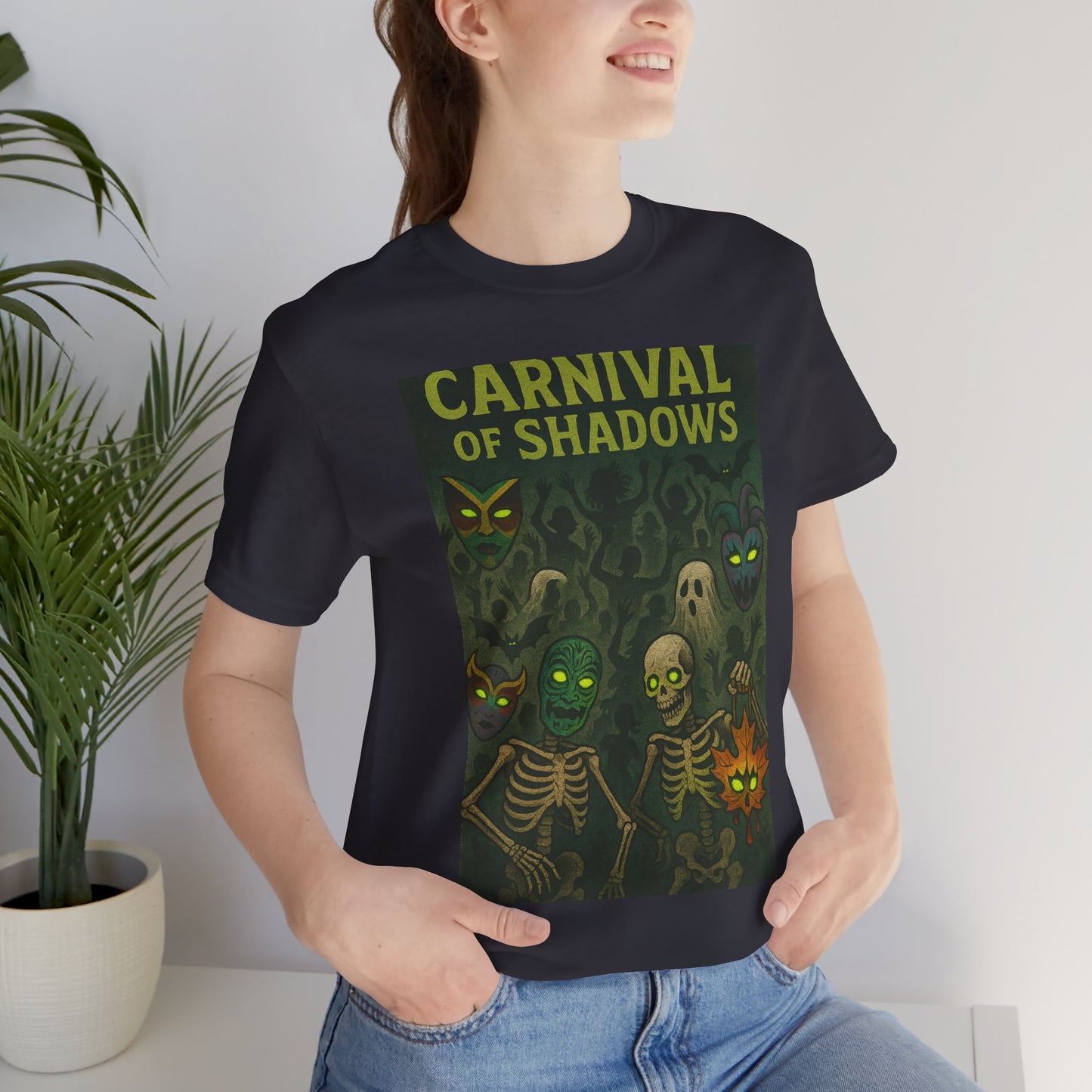 Carnival of Shadows Graphic Tee, Spooky Halloween Shirt, Unisex T-Shirt, Fun Autumn Wear, Perfect for Parties, Horror Lovers Clothing