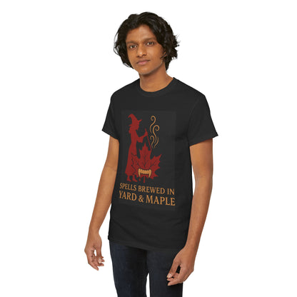 Witchy Autumn T-Shirt - Spells Brewed in Yard & Maple, Halloween Apparel, Cozy Graphic Tee, Gift for Witches, Fall Fashion