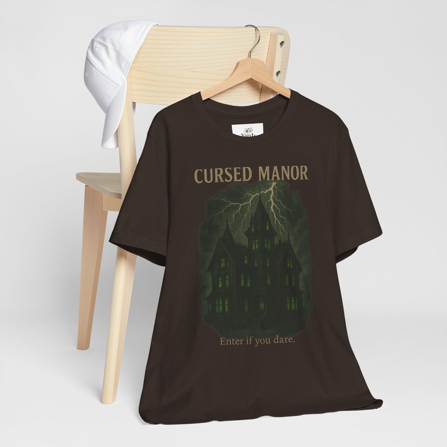 Cursed Manor Short Sleeve Tee - Spooky Halloween T-Shirt, Haunted House Theme, Casual Wear, Perfect for Horror Lovers, Gift Idea