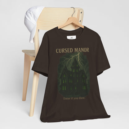 Cursed Manor Short Sleeve Tee - Spooky Halloween T-Shirt, Haunted House Theme, Casual Wear, Perfect for Horror Lovers, Gift Idea