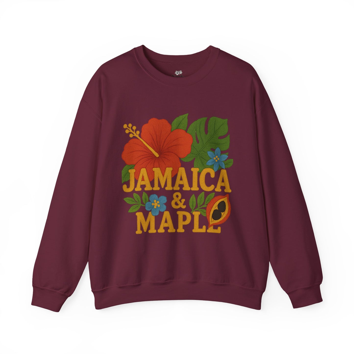 Tropical Crewneck Sweatshirt: Jamaica & Maple Floral Design, Unisex Comfort, Gift for Nature Lovers, Travel Souvenir, Summer Relaxation