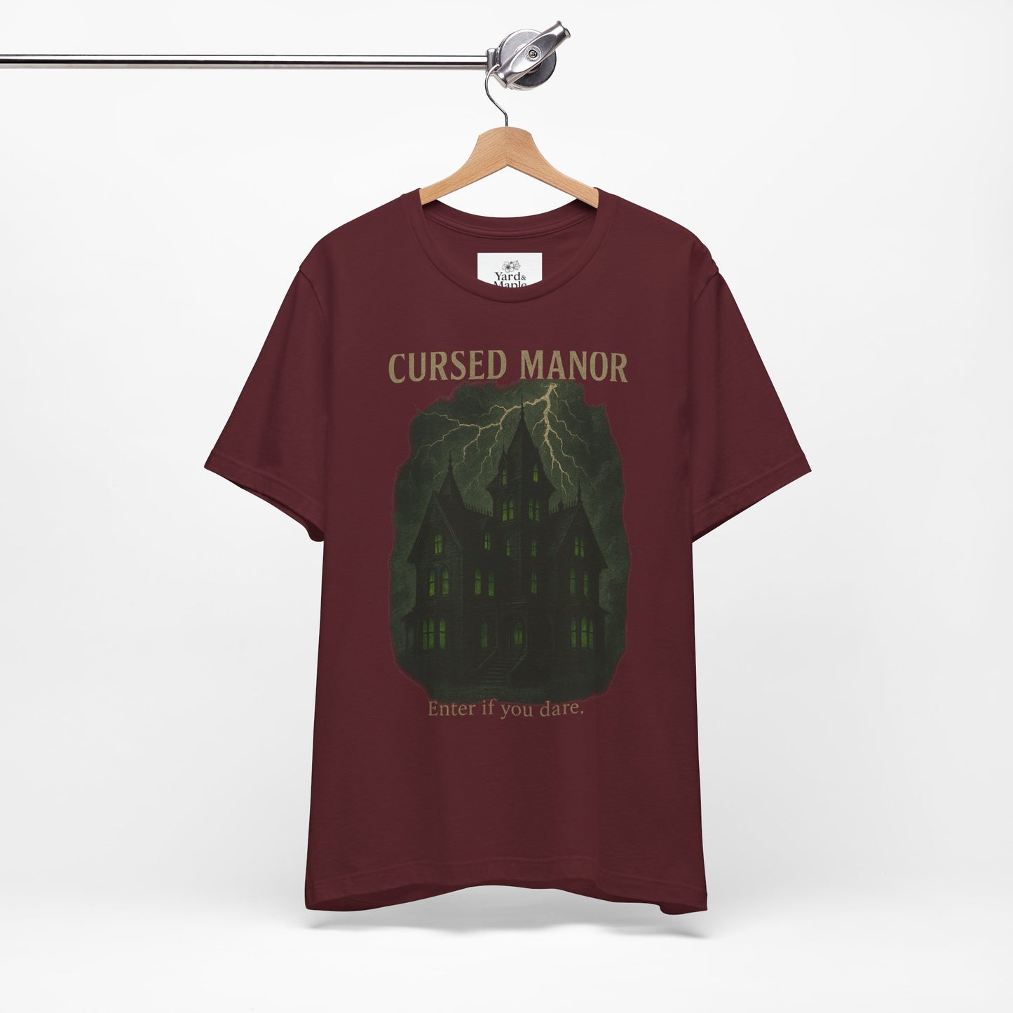 Cursed Manor Short Sleeve Tee - Spooky Halloween T-Shirt, Haunted House Theme, Casual Wear, Perfect for Horror Lovers, Gift Idea