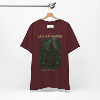 Cursed Manor Short Sleeve Tee - Spooky Halloween T-Shirt, Haunted House Theme, Casual Wear, Perfect for Horror Lovers, Gift Idea