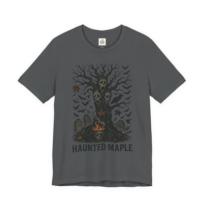 Haunted Maple Tee - Unisex Jersey Short Sleeve T-Shirt for Fall, Halloween, Spooky Vibe, Ghost Lovers, Unique Gift