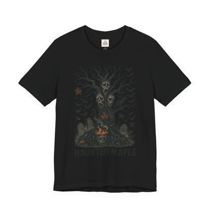 Haunted Maple Tee - Unisex Jersey Short Sleeve T-Shirt for Fall, Halloween, Spooky Vibe, Ghost Lovers, Unique Gift