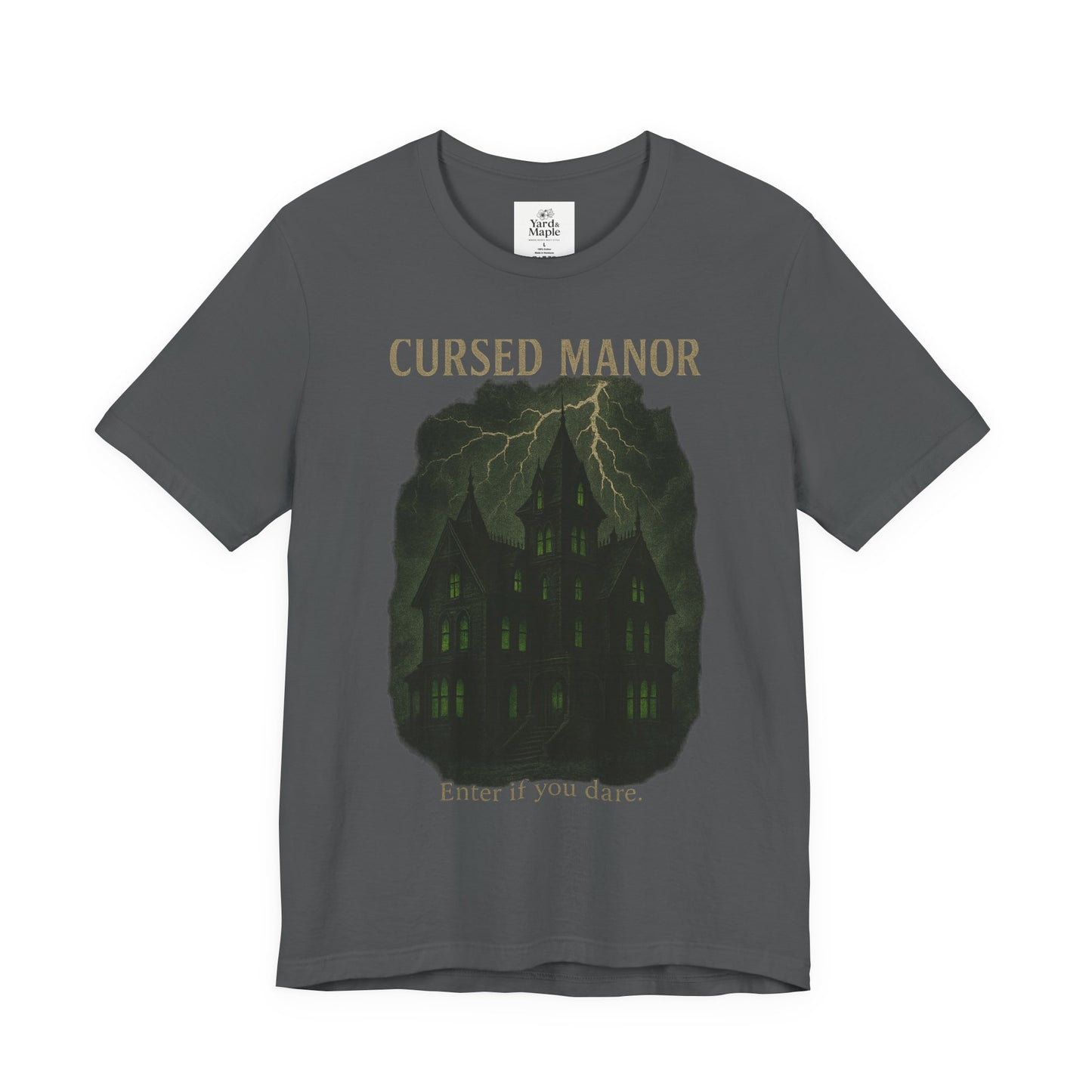 Cursed Manor Short Sleeve Tee - Spooky Halloween T-Shirt, Haunted House Theme, Casual Wear, Perfect for Horror Lovers, Gift Idea