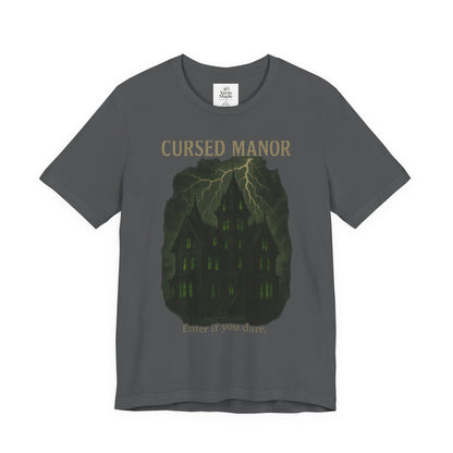 Cursed Manor Short Sleeve Tee - Spooky Halloween T-Shirt, Haunted House Theme, Casual Wear, Perfect for Horror Lovers, Gift Idea