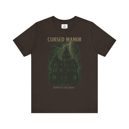 Cursed Manor Short Sleeve Tee - Spooky Halloween T-Shirt, Haunted House Theme, Casual Wear, Perfect for Horror Lovers, Gift Idea