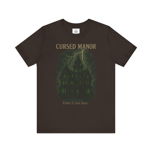 Cursed Manor Short Sleeve Tee - Spooky Halloween T-Shirt, Haunted House Theme, Casual Wear, Perfect for Horror Lovers, Gift Idea