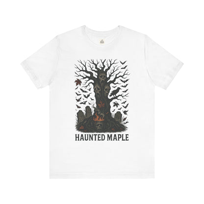 Haunted Maple Tee - Unisex Jersey Short Sleeve T-Shirt for Fall, Halloween, Spooky Vibe, Ghost Lovers, Unique Gift