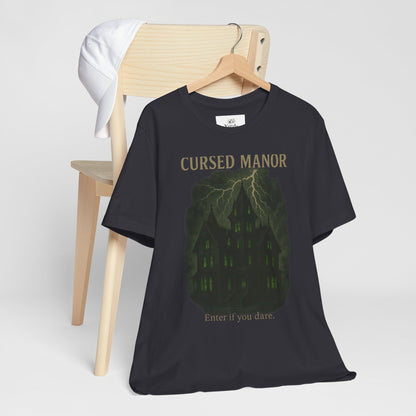 Cursed Manor Short Sleeve Tee - Spooky Halloween T-Shirt, Haunted House Theme, Casual Wear, Perfect for Horror Lovers, Gift Idea