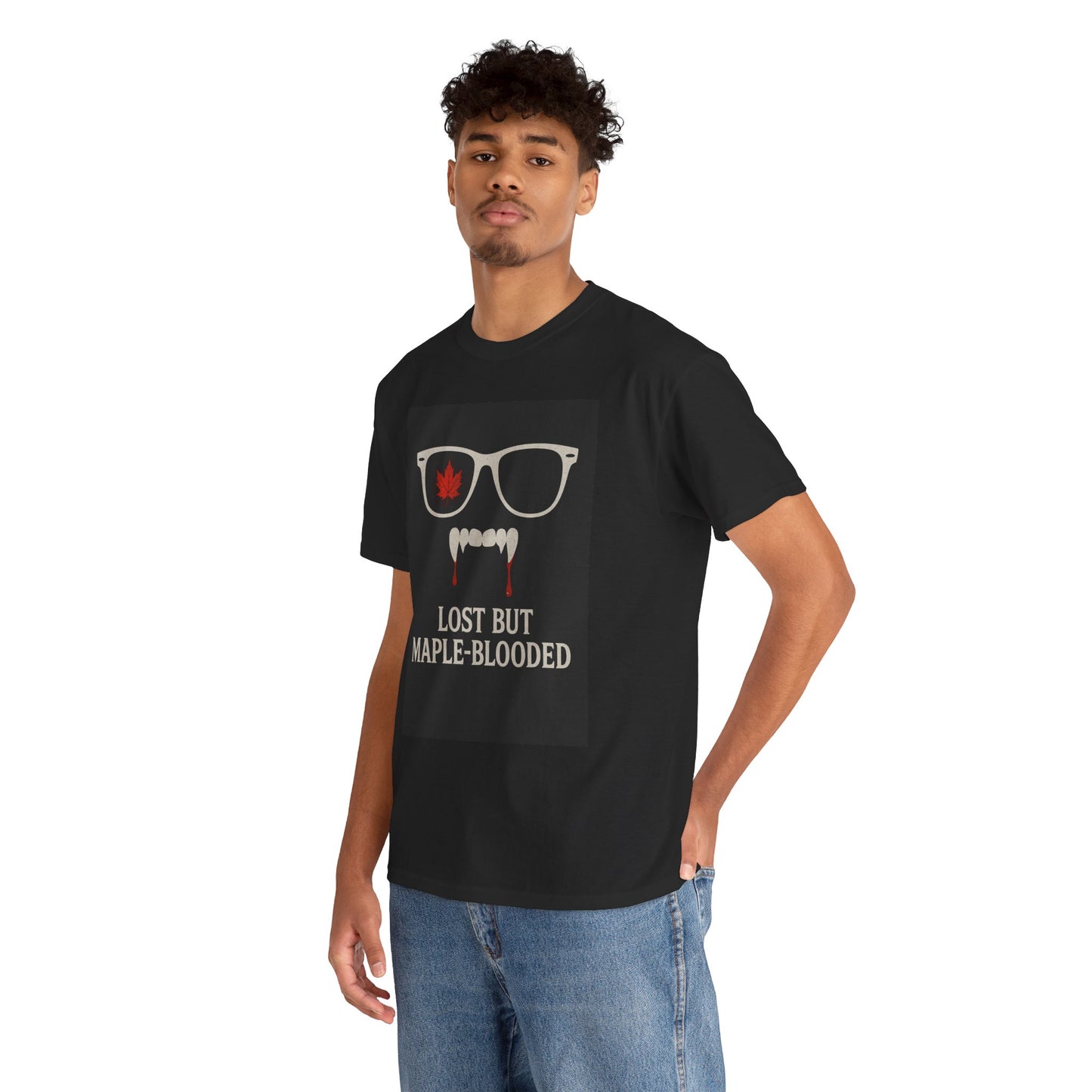 Unisex Heavy Cotton Tee with Vampire Design - Lost but Maple-Blooded Shirt for Halloween, Casual Wear, Gifts, Spooky Season, Unique Fashion