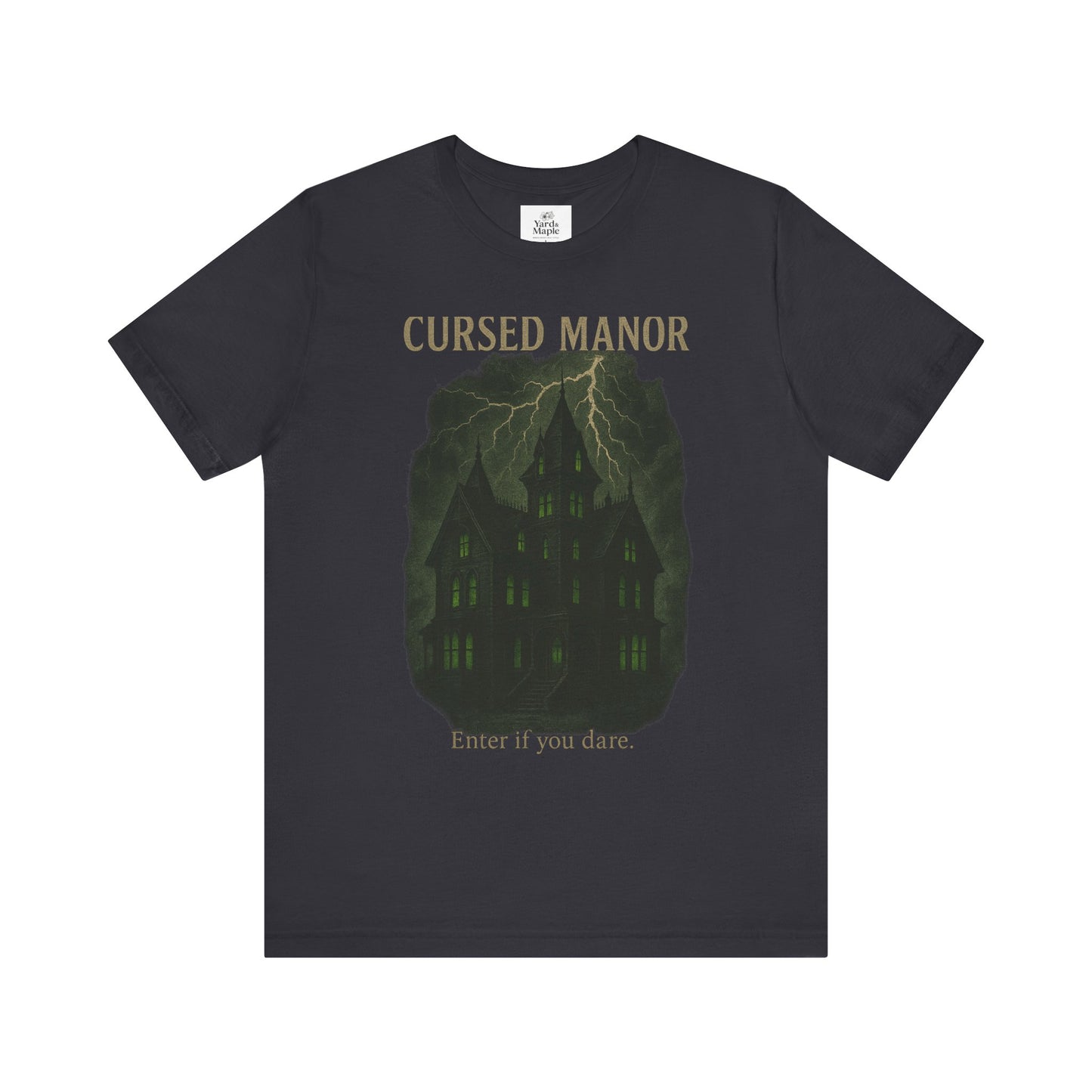 Cursed Manor Short Sleeve Tee - Spooky Halloween T-Shirt, Haunted House Theme, Casual Wear, Perfect for Horror Lovers, Gift Idea