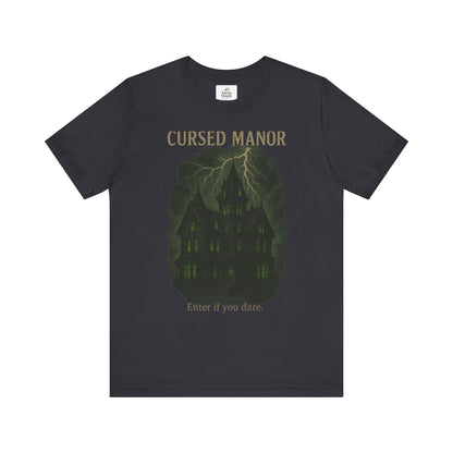 Cursed Manor Short Sleeve Tee - Spooky Halloween T-Shirt, Haunted House Theme, Casual Wear, Perfect for Horror Lovers, Gift Idea