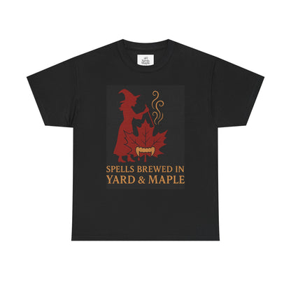 Witchy Autumn T-Shirt - Spells Brewed in Yard & Maple, Halloween Apparel, Cozy Graphic Tee, Gift for Witches, Fall Fashion