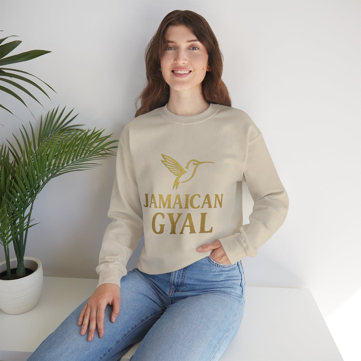 Jamaican Gyal Crewneck Sweatshirt — Gold Hummingbird Graphic