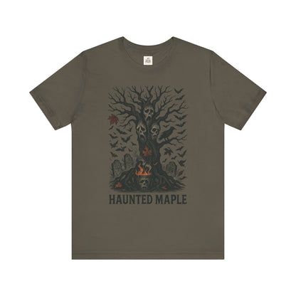Haunted Maple Tee - Unisex Jersey Short Sleeve T-Shirt for Fall, Halloween, Spooky Vibe, Ghost Lovers, Unique Gift