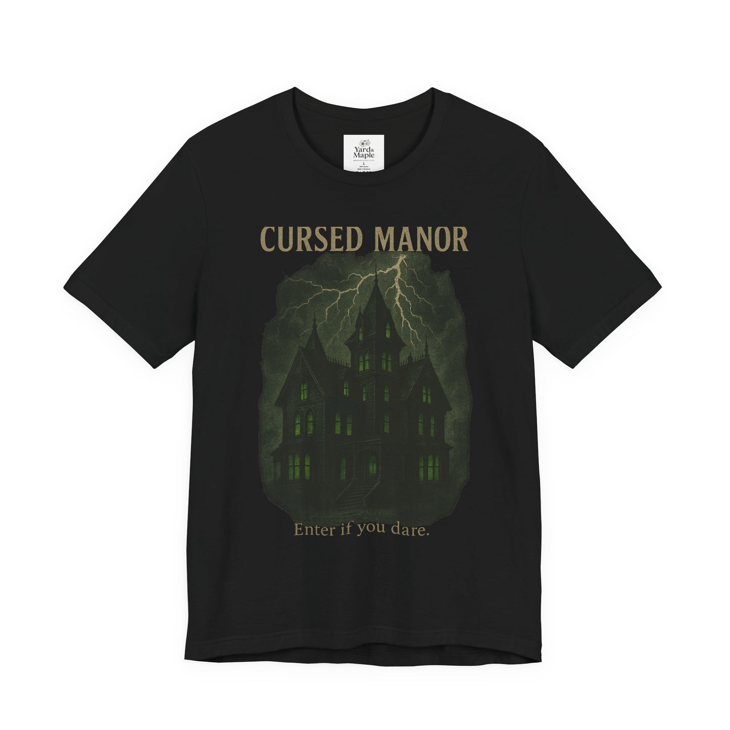 Cursed Manor Short Sleeve Tee - Spooky Halloween T-Shirt, Haunted House Theme, Casual Wear, Perfect for Horror Lovers, Gift Idea