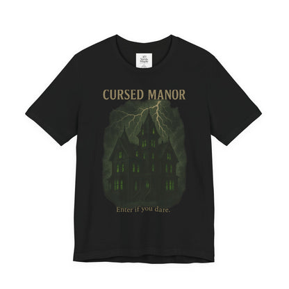 Cursed Manor Short Sleeve Tee - Spooky Halloween T-Shirt, Haunted House Theme, Casual Wear, Perfect for Horror Lovers, Gift Idea