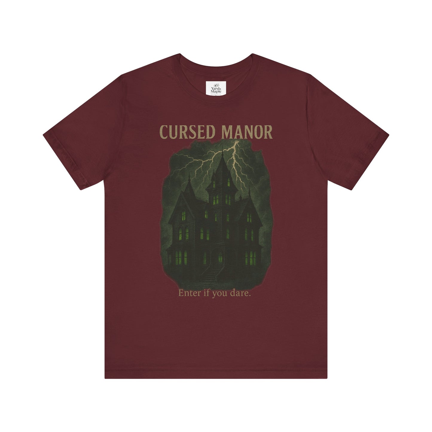 Cursed Manor Short Sleeve Tee - Spooky Halloween T-Shirt, Haunted House Theme, Casual Wear, Perfect for Horror Lovers, Gift Idea