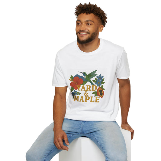 Colorful Floral Hummingbird Unisex T-Shirt, Casual Summer Style, Yard & Maple Graphic Tee, Gift for Nature Lovers, Eco-Friendly Fashion