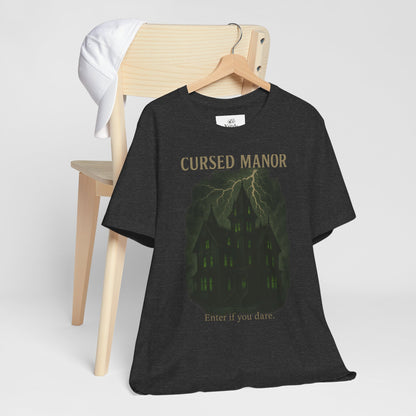 Cursed Manor Short Sleeve Tee - Spooky Halloween T-Shirt, Haunted House Theme, Casual Wear, Perfect for Horror Lovers, Gift Idea