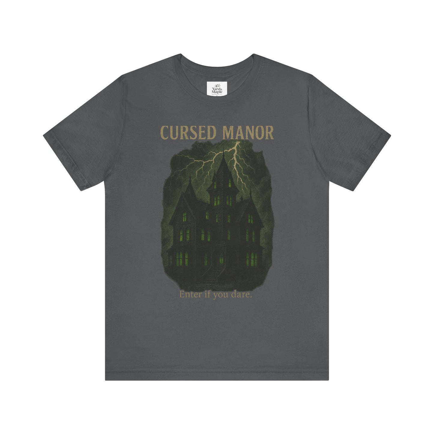 Cursed Manor Short Sleeve Tee - Spooky Halloween T-Shirt, Haunted House Theme, Casual Wear, Perfect for Horror Lovers, Gift Idea