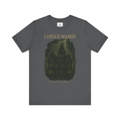 Cursed Manor Short Sleeve Tee - Spooky Halloween T-Shirt, Haunted House Theme, Casual Wear, Perfect for Horror Lovers, Gift Idea