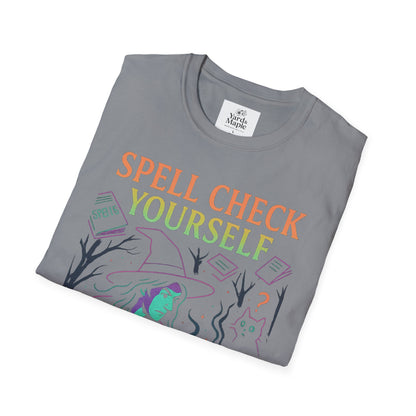 Spell Check Yourself Graphic Tee, Unisex Witch T-Shirt, Halloween Humor Top, Casual Witchy Apparel, Perfect for Spell Lovers