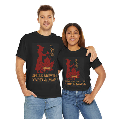 Witchy Autumn T-Shirt - Spells Brewed in Yard & Maple, Halloween Apparel, Cozy Graphic Tee, Gift for Witches, Fall Fashion