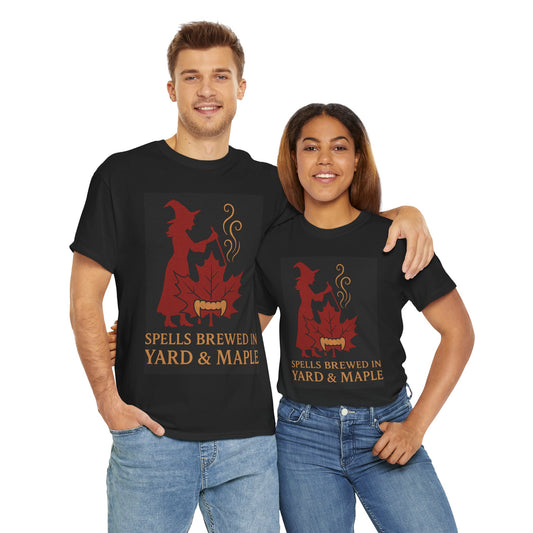 Witchy Autumn T-Shirt - Spells Brewed in Yard & Maple, Halloween Apparel, Cozy Graphic Tee, Gift for Witches, Fall Fashion