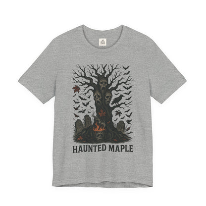Haunted Maple Tee - Unisex Jersey Short Sleeve T-Shirt for Fall, Halloween, Spooky Vibe, Ghost Lovers, Unique Gift