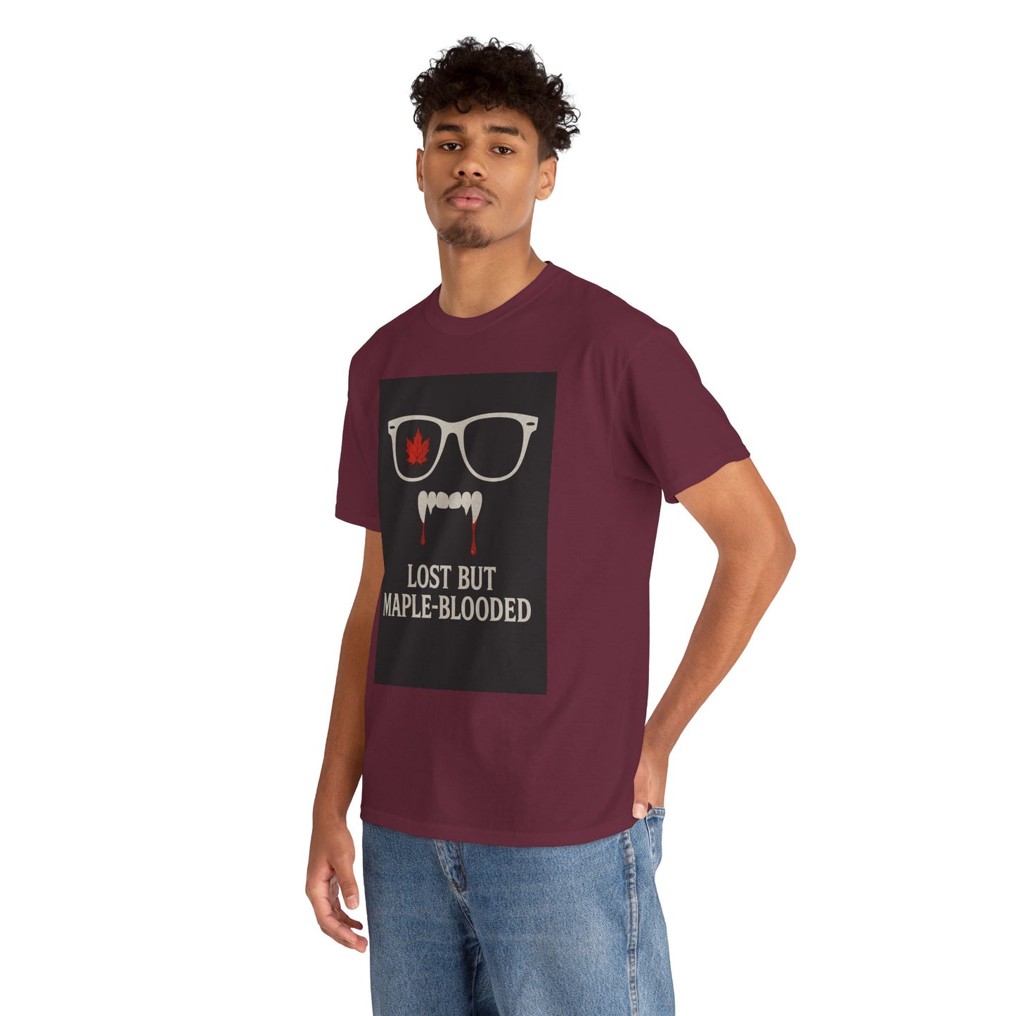 Unisex Heavy Cotton Tee with Vampire Design - Lost but Maple-Blooded Shirt for Halloween, Casual Wear, Gifts, Spooky Season, Unique Fashion