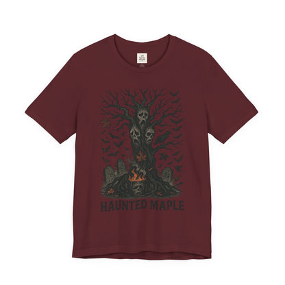 Haunted Maple Tee - Unisex Jersey Short Sleeve T-Shirt for Fall, Halloween, Spooky Vibe, Ghost Lovers, Unique Gift