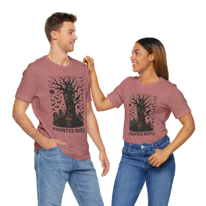 Haunted Maple Tee - Unisex Jersey Short Sleeve T-Shirt for Fall, Halloween, Spooky Vibe, Ghost Lovers, Unique Gift