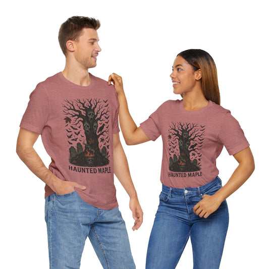 Haunted Maple Tee - Unisex Jersey Short Sleeve T-Shirt for Fall, Halloween, Spooky Vibe, Ghost Lovers, Unique Gift