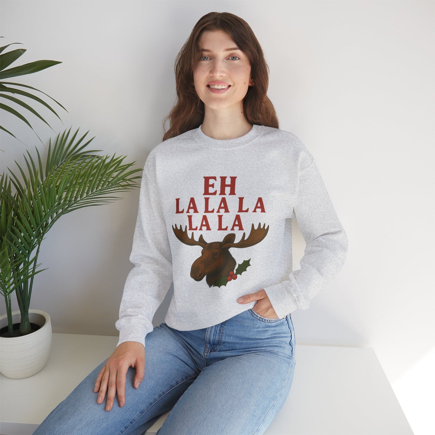 Festive Moose Sweatshirt with 'Eh La La La La La' Design, Cozy Holiday Apparel, Perfect for Christmas, Winter Parties, Gift Idea