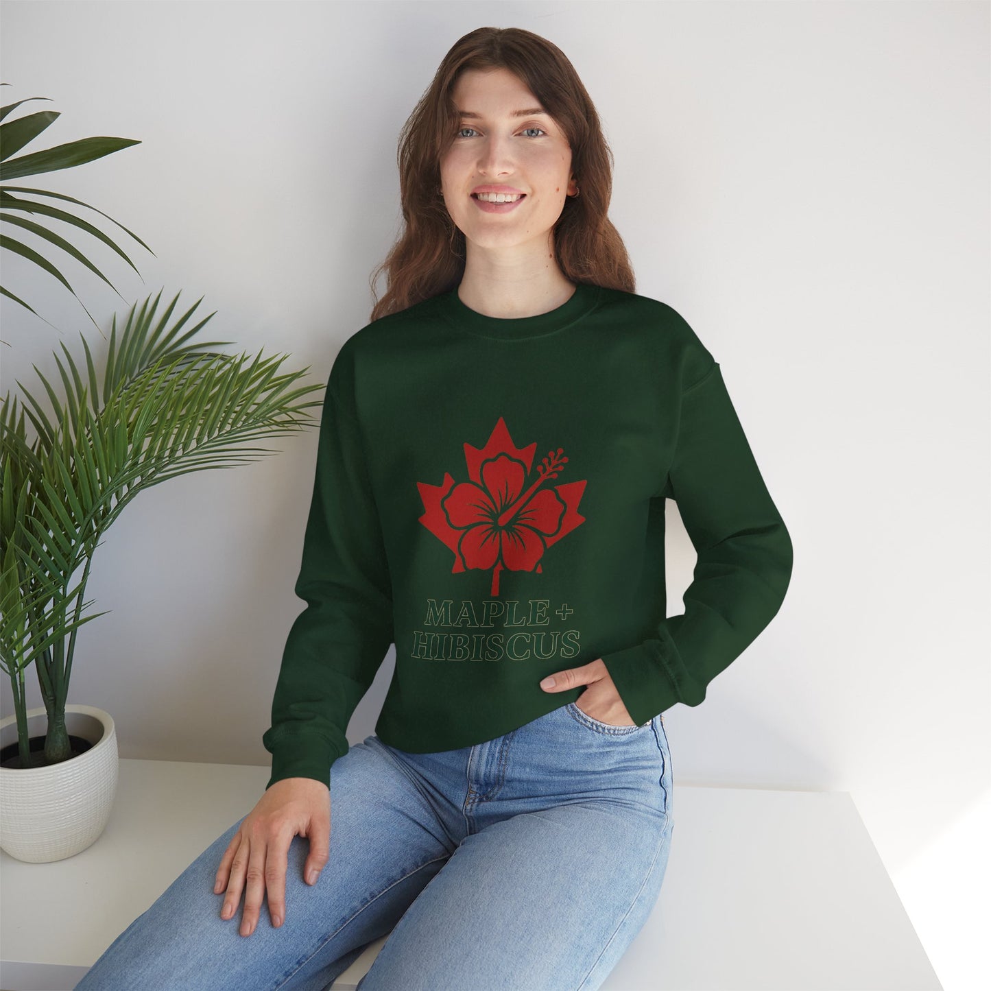 Maple + Hibiscus Crewneck Sweatshirt — Floral Maple Leaf Graphic