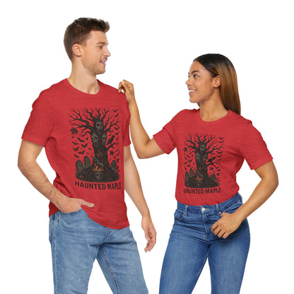 Haunted Maple Tee - Unisex Jersey Short Sleeve T-Shirt for Fall, Halloween, Spooky Vibe, Ghost Lovers, Unique Gift