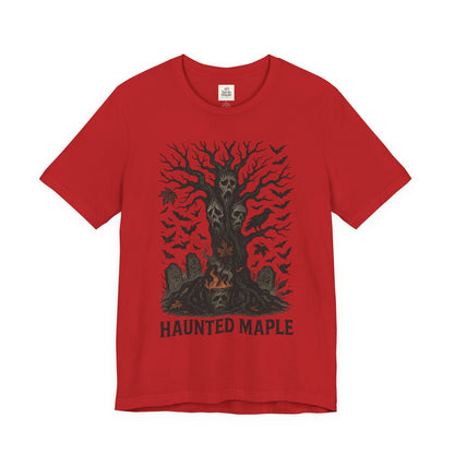 Haunted Maple Tee - Unisex Jersey Short Sleeve T-Shirt for Fall, Halloween, Spooky Vibe, Ghost Lovers, Unique Gift