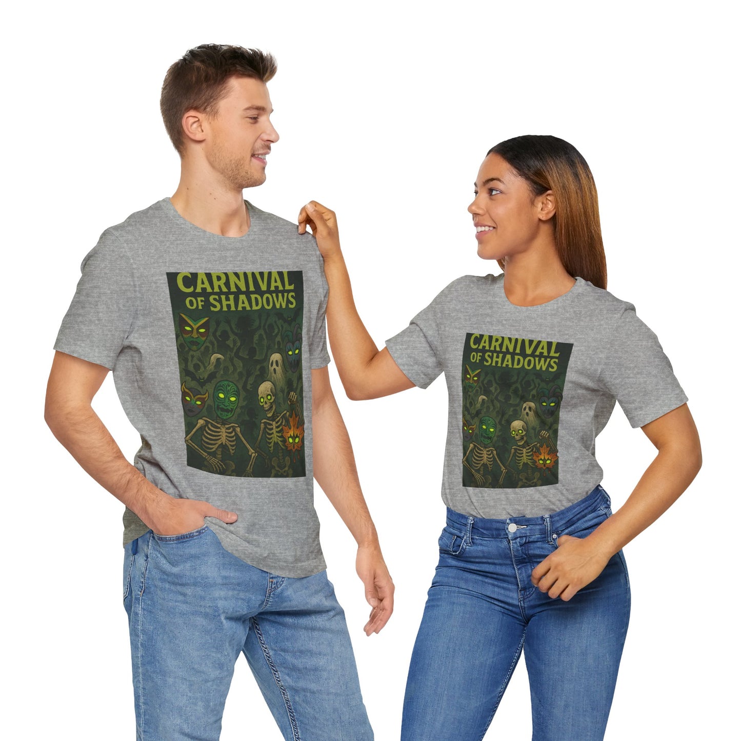 Carnival of Shadows Graphic Tee, Spooky Halloween Shirt, Unisex T-Shirt, Fun Autumn Wear, Perfect for Parties, Horror Lovers Clothing