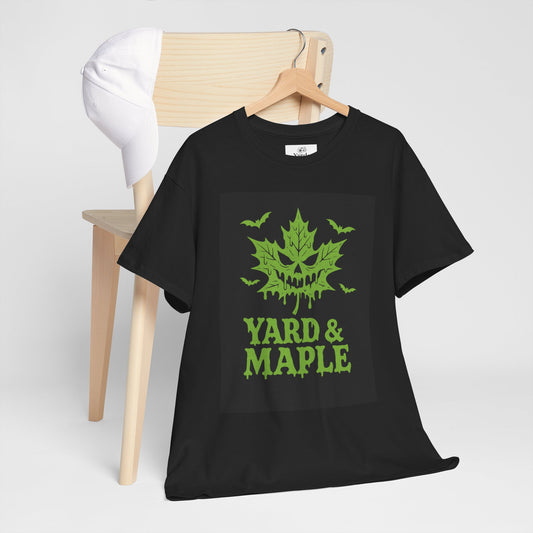 Halloween Themed Unisex Tee with Yard & Maple Design, Autumn Apparel, Fall T-Shirt, Spooky Graphic Tee, Unisex Halloween Shirt