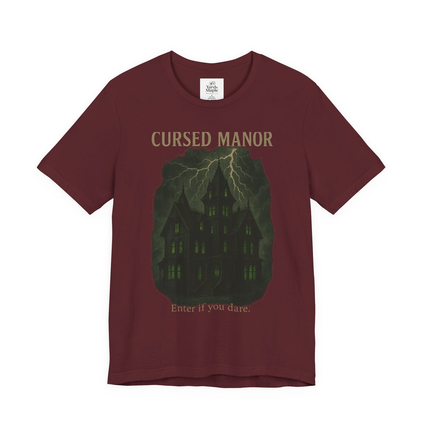 Cursed Manor Short Sleeve Tee - Spooky Halloween T-Shirt, Haunted House Theme, Casual Wear, Perfect for Horror Lovers, Gift Idea