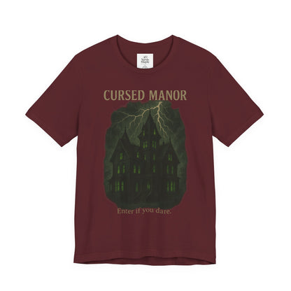 Cursed Manor Short Sleeve Tee - Spooky Halloween T-Shirt, Haunted House Theme, Casual Wear, Perfect for Horror Lovers, Gift Idea