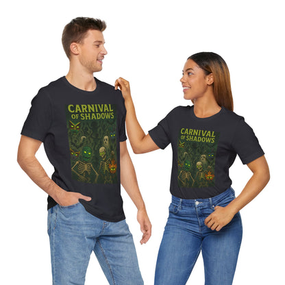Carnival of Shadows Graphic Tee, Spooky Halloween Shirt, Unisex T-Shirt, Fun Autumn Wear, Perfect for Parties, Horror Lovers Clothing